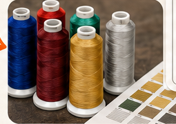 Spools of embroidery thread with a color card