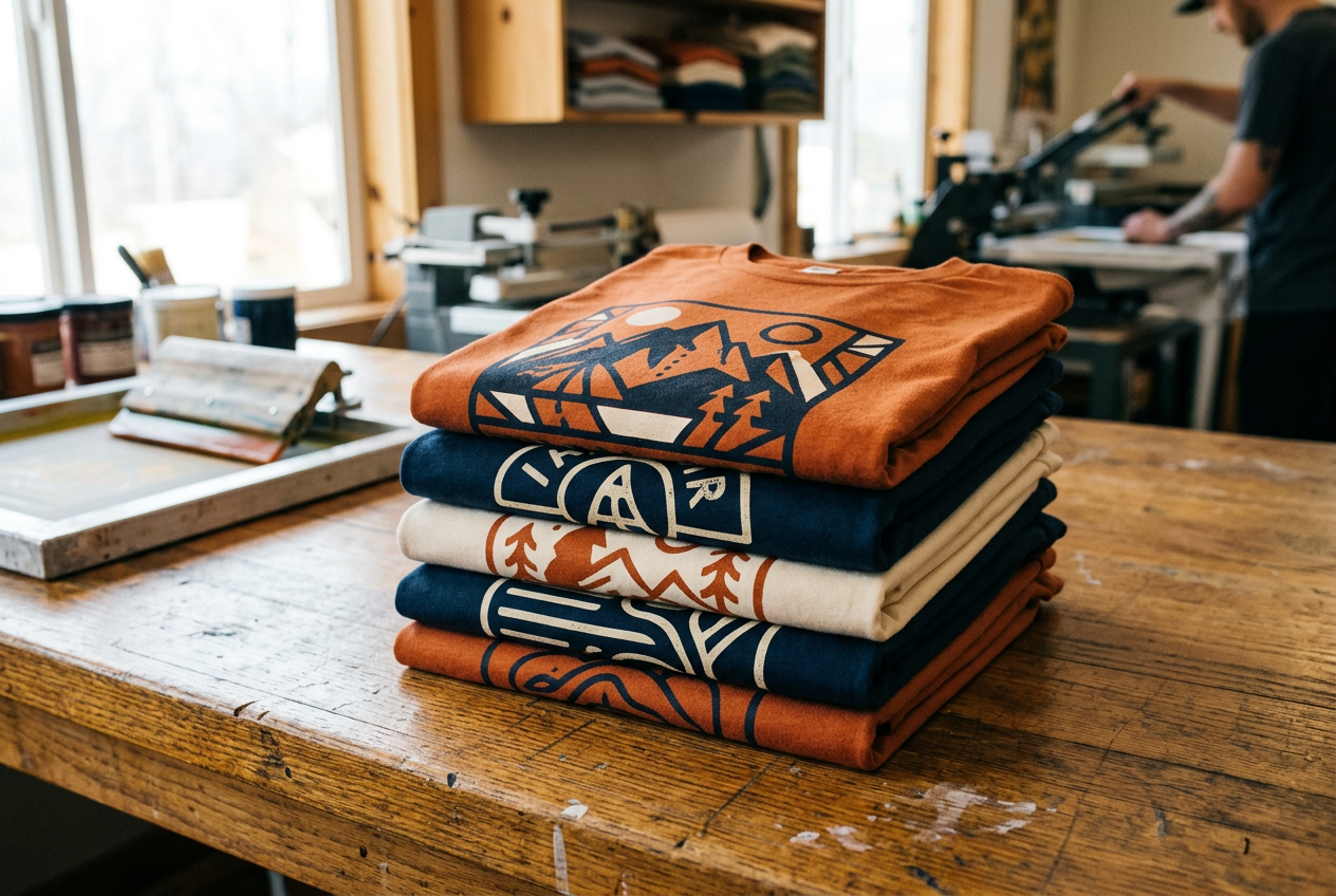 Stack of freshly screen printed tees in a print shop