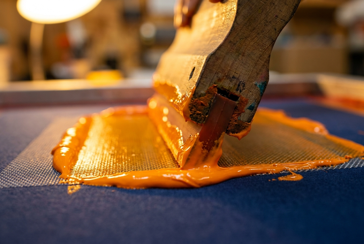 Squeegee pulling orange ink across a screen onto navy fabric