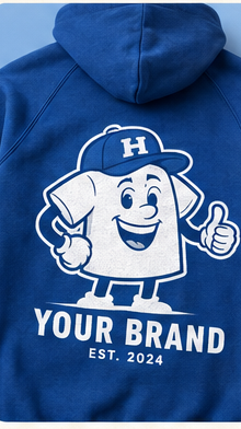 Royal blue hoodie screen printed with a custom brand mascot