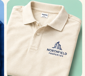 Cream polo embroidered with the Northfield Properties mark