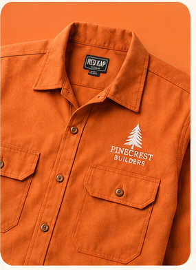 Orange work shirt embroidered with the Pinecrest Builders logo
