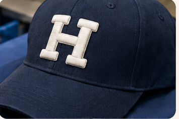 Navy cap with a raised 3D puff embroidered H