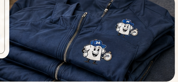 Navy softshell jackets with embroidered mascot marks