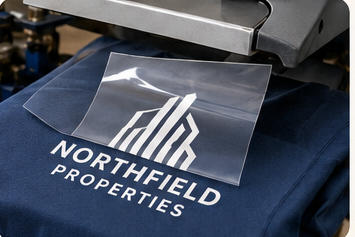 DTF transfer film being pressed onto a navy shirt